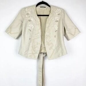 Elie Tahari Womens SM Embroidered Short Jacket Cream Tan Neutral Spring Summer
